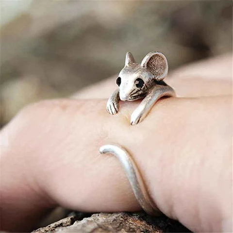 Huitan Vintage Mouse Animal Finger Ring for Women Antique Silver Color Gothic