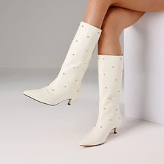 Fashion Women Mid Calf Boots Point Toe Kitten Med Heels Rivet Metal Decor