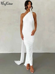 Hugcitar One Shoulder Backless Adjustable Scarf Loop Ruched Sexy Maxi