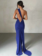Hugcitar One Shoulder Backless Adjustable Scarf Loop Ruched Sexy Maxi