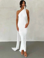 Hugcitar One Shoulder Backless Adjustable Scarf Loop Ruched Sexy Maxi