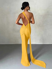 Hugcitar One Shoulder Backless Adjustable Scarf Loop Ruched Sexy Maxi