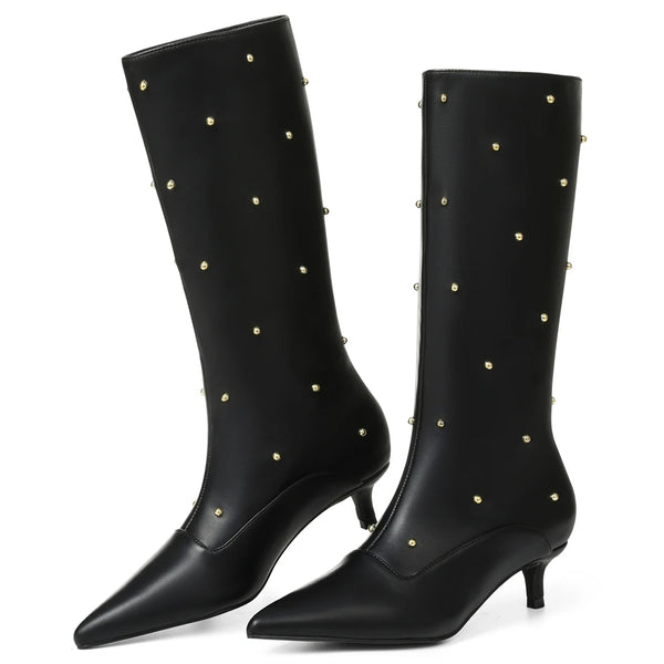 Fashion Women Mid Calf Boots Point Toe Kitten Med Heels Rivet Metal Decor