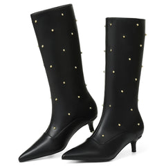 Fashion Women Mid Calf Boots Point Toe Kitten Med Heels Rivet Metal Decor