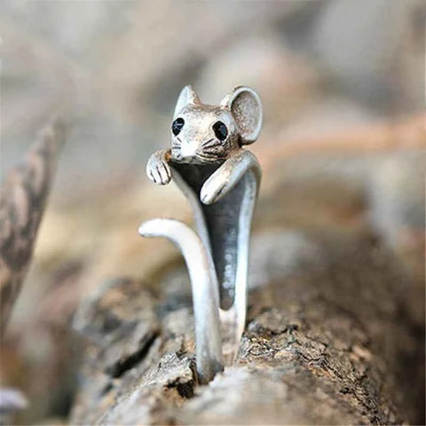 Huitan Vintage Mouse Animal Finger Ring for Women Antique Silver Color Gothic