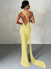 Hugcitar One Shoulder Backless Adjustable Scarf Loop Ruched Sexy Maxi