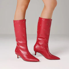 Fashion Women Mid Calf Boots Point Toe Kitten Med Heels Rivet Metal Decor