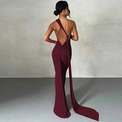 Hugcitar One Shoulder Backless Adjustable Scarf Loop Ruched Sexy Maxi