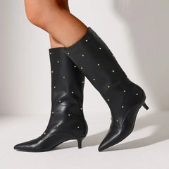 Fashion Women Mid Calf Boots Point Toe Kitten Med Heels Rivet Metal Decor