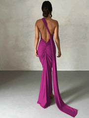 Hugcitar One Shoulder Backless Adjustable Scarf Loop Ruched Sexy Maxi