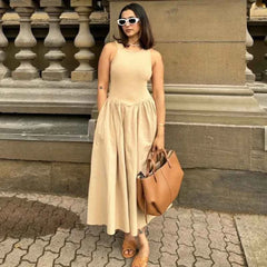 HXAO Khaki Elegant Long Dresses 2025 Women's Spring Sleeveless Black Dresses