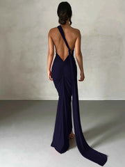 Hugcitar One Shoulder Backless Adjustable Scarf Loop Ruched Sexy Maxi