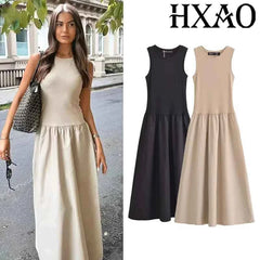 HXAO Khaki Elegant Long Dresses 2025 Women's Spring Sleeveless Black Dresses