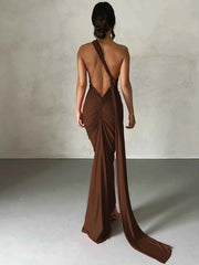 Hugcitar One Shoulder Backless Adjustable Scarf Loop Ruched Sexy Maxi