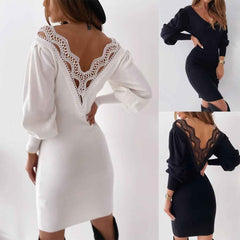 Backless Lace V-neck Long Sleeve Dress