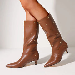 Fashion Women Mid Calf Boots Point Toe Kitten Med Heels Rivet Metal Decor
