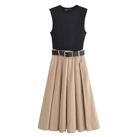 MUJER 2025 Woman Dresses Belt Pleated Midi Dress Women Sleeveless