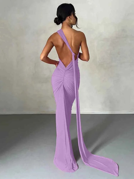 Hugcitar One Shoulder Backless Adjustable Scarf Loop Ruched Sexy Maxi