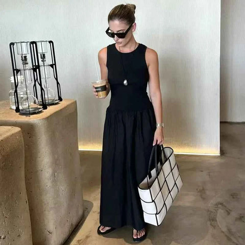 HXAO Khaki Elegant Long Dresses 2025 Women's Spring Sleeveless Black Dresses