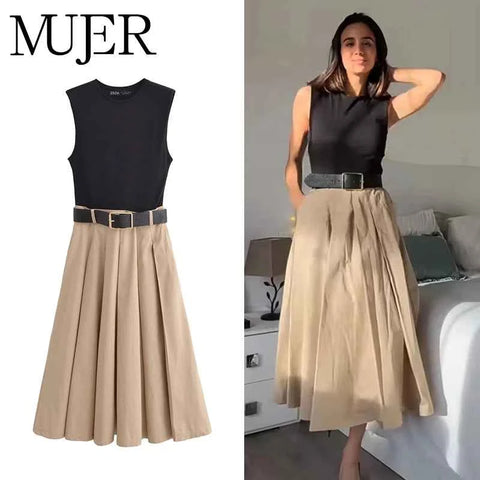 MUJER 2025 Woman Dresses Belt Pleated Midi Dress Women Sleeveless