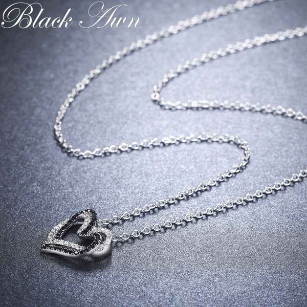 Silver Necklace Fine Genuine 100% 925 Sterling Silver Necklace Women Jewelry Heart Black&White Stone Pendants P107