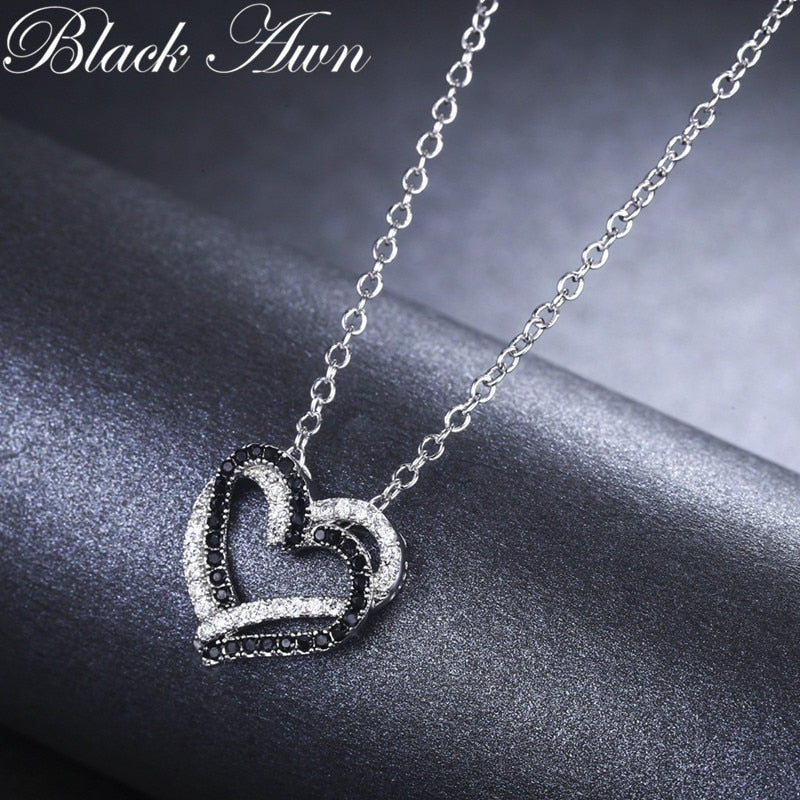 Silver Necklace Fine Genuine 100% 925 Sterling Silver Necklace Women Jewelry Heart Black&White Stone Pendants P107