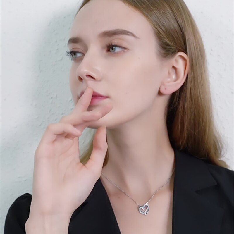 Silver Necklace Fine Genuine 100% 925 Sterling Silver Necklace Women Jewelry Heart Black&White Stone Pendants P107