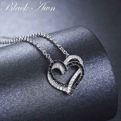 Silver Necklace Fine Genuine 100% 925 Sterling Silver Necklace Women Jewelry Heart Black&White Stone Pendants P107
