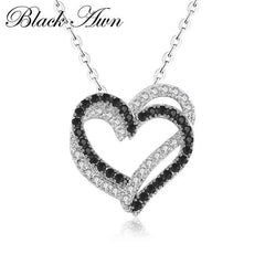 Silver Necklace Fine Genuine 100% 925 Sterling Silver Necklace Women Jewelry Heart Black&White Stone Pendants P107
