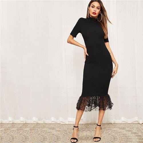 Midi Mesh Hem Stretchy Mermaid Party Dresses