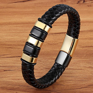 Cool Black Gold Stainless Steel Leather Bracelet