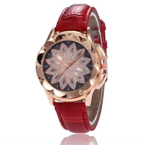 Gold Rhinestone Flower Engraved Watch