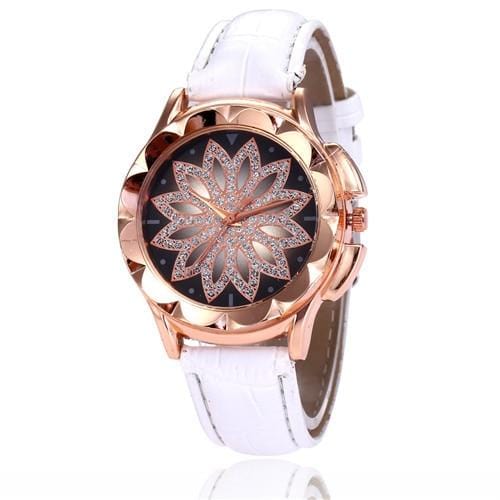 Gold Rhinestone Flower Engraved Watch