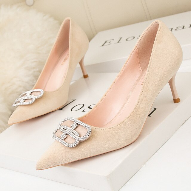 Elegant Suede Rhinestone Design Pointed High Heels Shoes